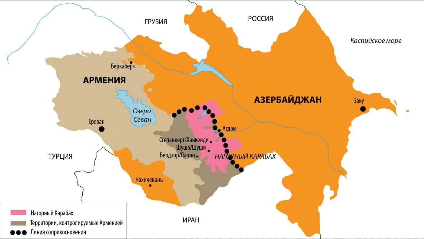 Карта Нагорного Карабаха и Армении и Азербайджана с границами